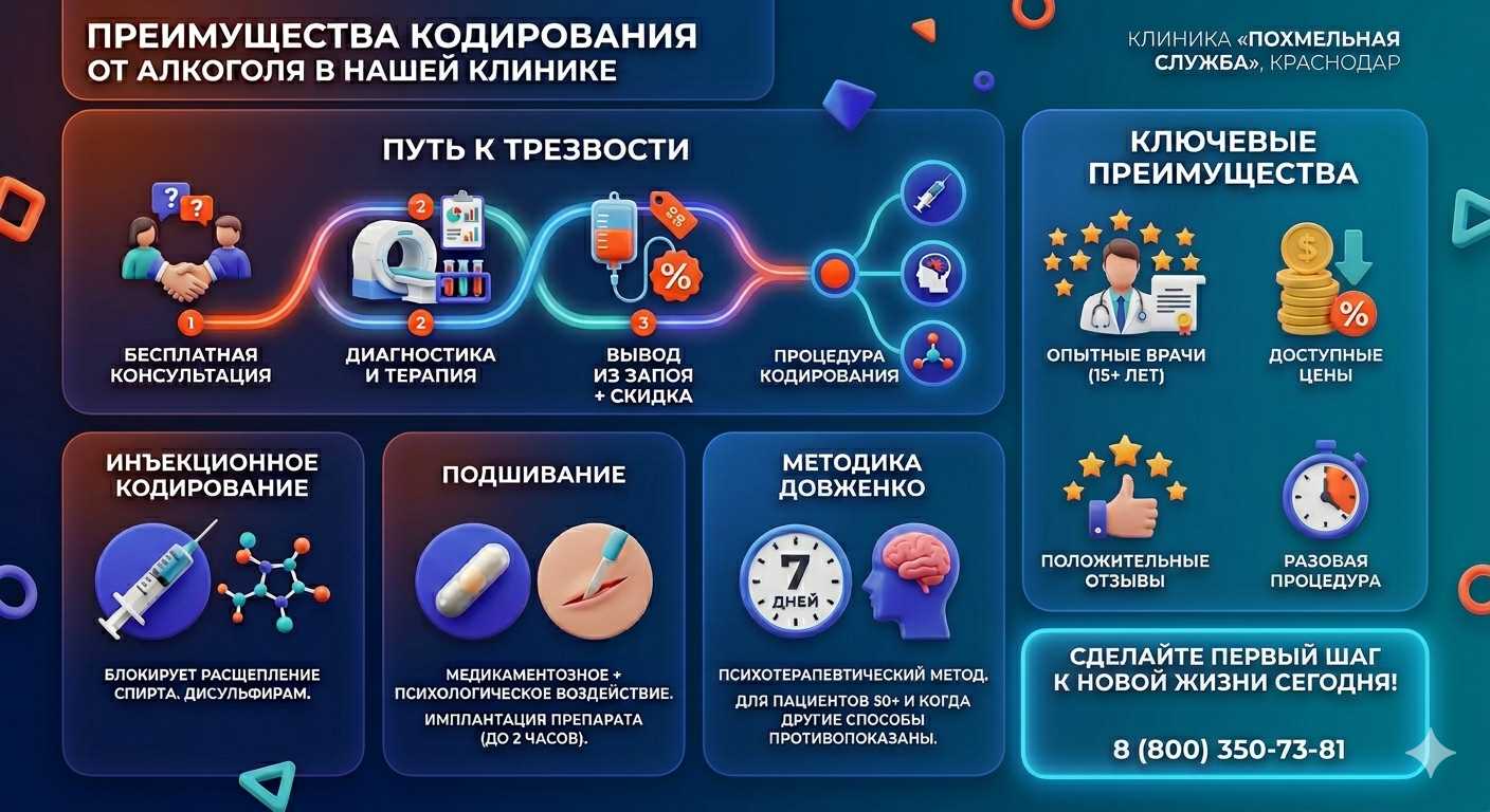 Инфографика о методах кодирования от алкоголя в Анадыри: инъекции, подшивание, метод Довженко. Преимущества клиники и этапы лечения.
